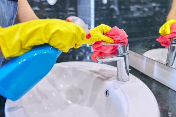 Cleaning the bathroom. Close up of hands in gloves with detergent and microfiber cloth washing polishing washbasin, chrome sink